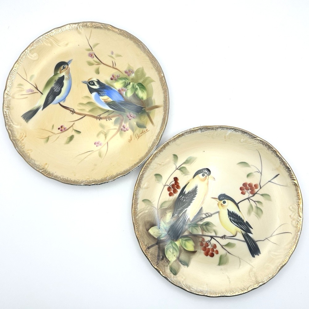 Vintage Enesco Japan Hand Painted Bird Plates 8.5" Pair Gold Trim Signed